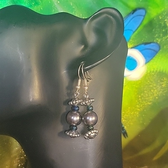 Handmade Jewelry - New Handmade Silver & Black Iridescent Bead Drop Earrings